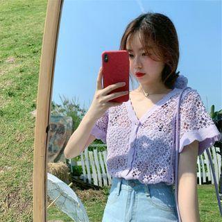 Crochet V-neck Short-sleeve Cropped Cardigan