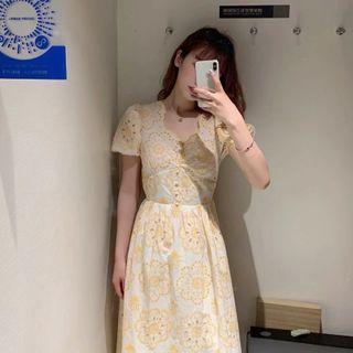 Floral Print Puff-sleeve Maxi A-line Eyelet Dress