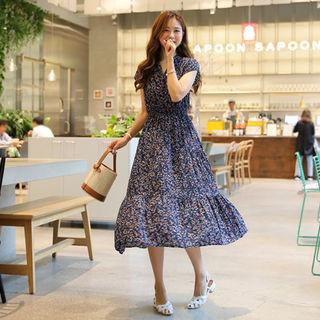 Open-placket Floral Print Midi Dress Navy Blue - One Size