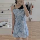 Short-sleeve One-shoulder Top / Spaghetti Strap Tie-dyed A-line Mini Dress
