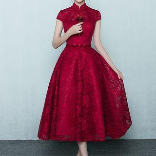Mandarin Collar Short-sleeve A-line Cocktail Dress