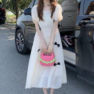 Puff-sleeve Bow Accent Midi A-line Dress Almond - One Size