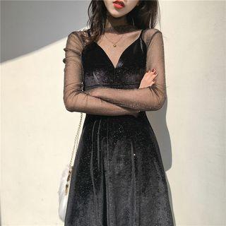 Set: Mesh Long-sleeve Top + V-neck Midi Spaghetti Strap Dress