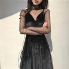 Set: Mesh Long-sleeve Top + V-neck Midi Spaghetti Strap Dress