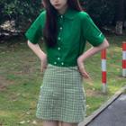 Short Sleeve Blouse / Plaid A-line Skirt