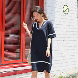 Contrast-trim Linen Shift Dress
