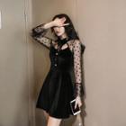 Long-sleeve Polka Dot Mesh Paneled Cutout Velvet A-line Mini Dress