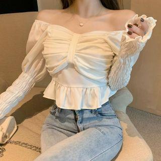 Long-sleeve Ruched Plain Blouse White - One Size