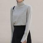 Buttoned Sleeve Mock Neck Striped Knit Top