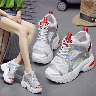 Peep Toe Mesh Panel Wedge Platform Sneakers
