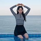 Set: Gingham Long-sleeve Rashguard + Swim Skirt