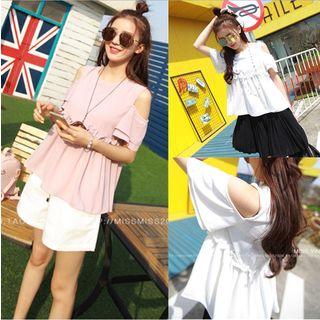 Short-sleeve Crewneck Chiffon Plain Top