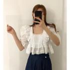 Puff-sleeve Ruffled Lace Trim Cropped Blouse