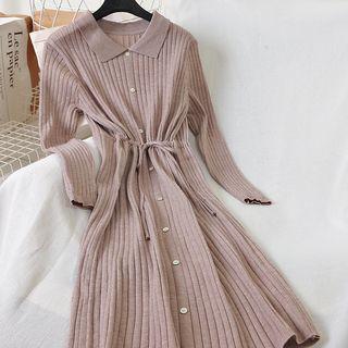 Polo-neck Midi Ribbed Knit Dress