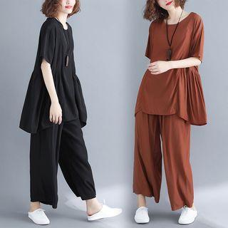 Set: Elbow-sleeve Top + Crop Straight Fit Pants