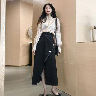 Mock-neck Blouse / High Waist Midi A-line Skirt