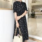 Elbow-sleeve Floral Print Midi A-line Dress