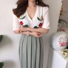 Short-sleeve Floral Embroidered Knit Top / High-waist Pleated Skirt
