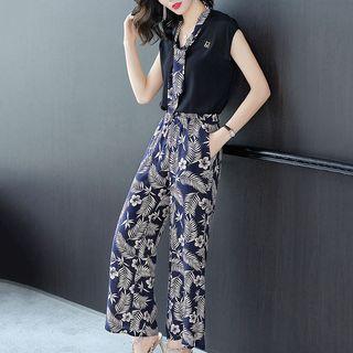 Set: Printed Tank Top + Leaf Print Wide-leg Pants