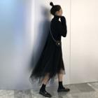 Long-sleeve Turtleneck Knit Top / Midi A-line Mesh Skirt