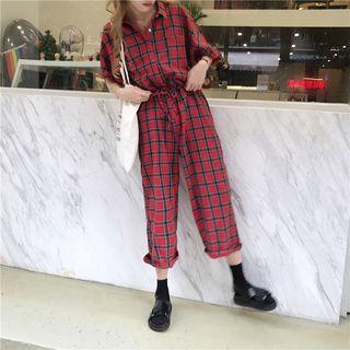 Plaid Short-sleeve Drawstring Waist Jumpsuit