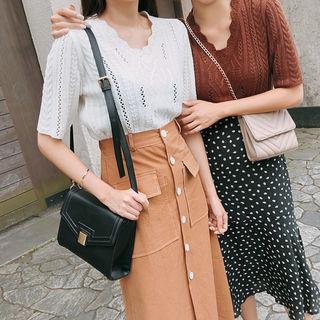 Short-sleeve Pointelle Cable-knit Top