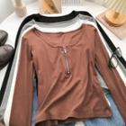 Zip Round-neck Plain Long-sleeve T-shirt