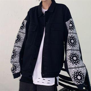 Paisley Print Panel Button Denim Jacket