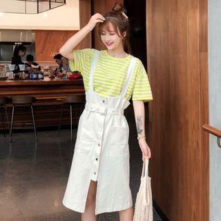 Set: Striped Short-sleeve T-shirt + Suspender Midi Skirt