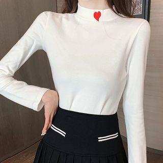 Long-sleeve Heart Embroidered Mock-neck T-shirt