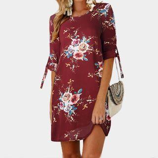 Elbow-sleeve Floral Print Mini T-shirt Dress
