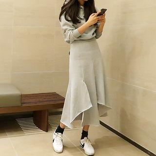 Set: Hooded Pullover + Asymetric-hem Long Sweat Skirt