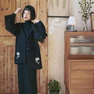 Flower Print Open Front Coat Black - One Size