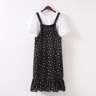 Set - Dotted Sleeveless Ruffle Hem Dress + Plain T-shirt / Dress Only