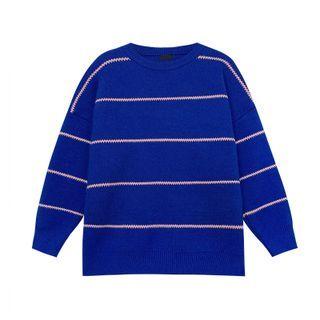 Round Neck Stripe Loose Fit Sweater Stripe - Blue - One Size