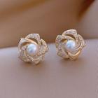 Flower Rhinestone Faux Pearl Earring 1 Pair - White Faux Pearl - Gold - One Size