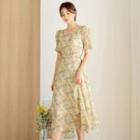 Square-neck Shirred-sleeve Chiffon Dress
