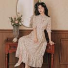 Short-sleeve Floral Print Tie-neck Midi A-line Dress