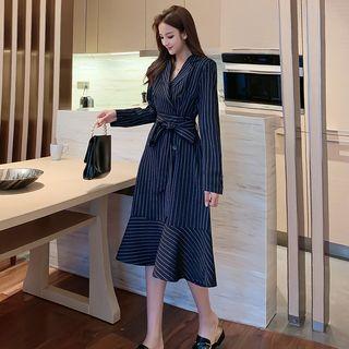 Pinstriped Double-breasted Tie-waist Midi Blazer Dress