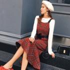 Set: Long-sleeve Top + Plaid Midi Jumper Dress