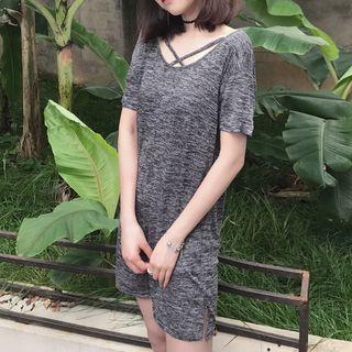 Melange Cross Strap Short Sleeve T-shirt Dress