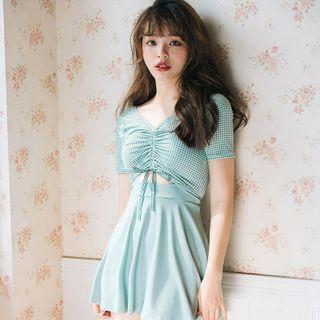 Short-sleeve Gingham Panel Swim Dress