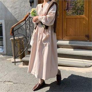 V-neck Corduroy Long Shirtdress Cream - One Size