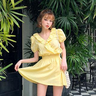 Puff-sleeve Frilled Mini Wrap Dress