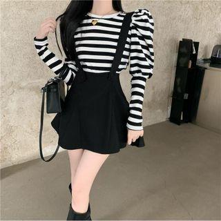 Long-sleeve Striped T-shirt / Suspender Skirt / Set