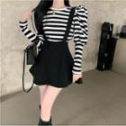 Long-sleeve Striped T-shirt / Suspender Skirt / Set