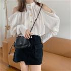 Long-sleeve Cold Shoulder Buttoned Blouse / Denim Mini Skirt