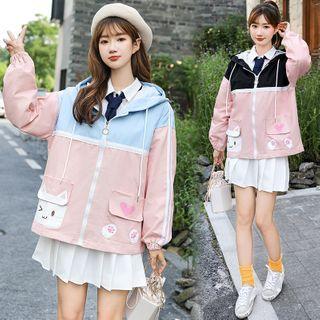 Color Block Cartoon Print Hooded Zip Jacket