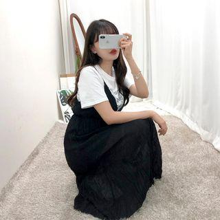 Set: Letter Print T-shirt + Pinafore Dress Black - One Size