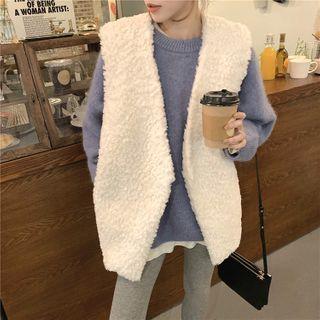 Plain Crew-neck Sweater / Fleece Loose-fit Vest